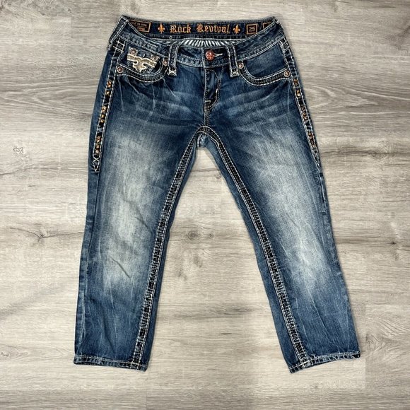 Rock Revival Angie Capri Jeans Women’s Low Rise Medium Wash Sz 25 - Picture 1 of 11